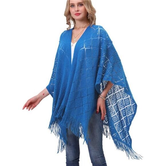 Knit Shawl Wrap - Fringe Poncho Cardigan Cape Blue - Picture 1 of 6